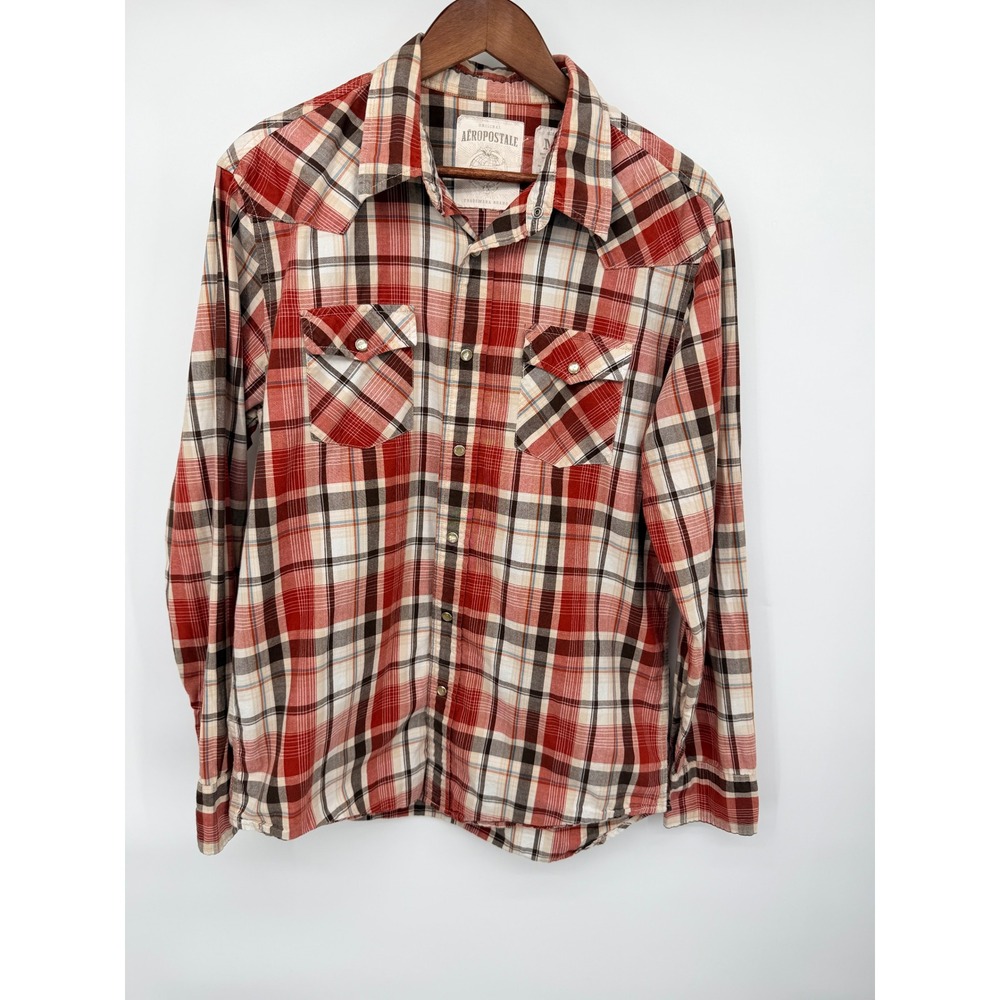 Aeropostale Plaid Western Shirt Mens M Red Pearl Snap Long Sleeve Good Condition